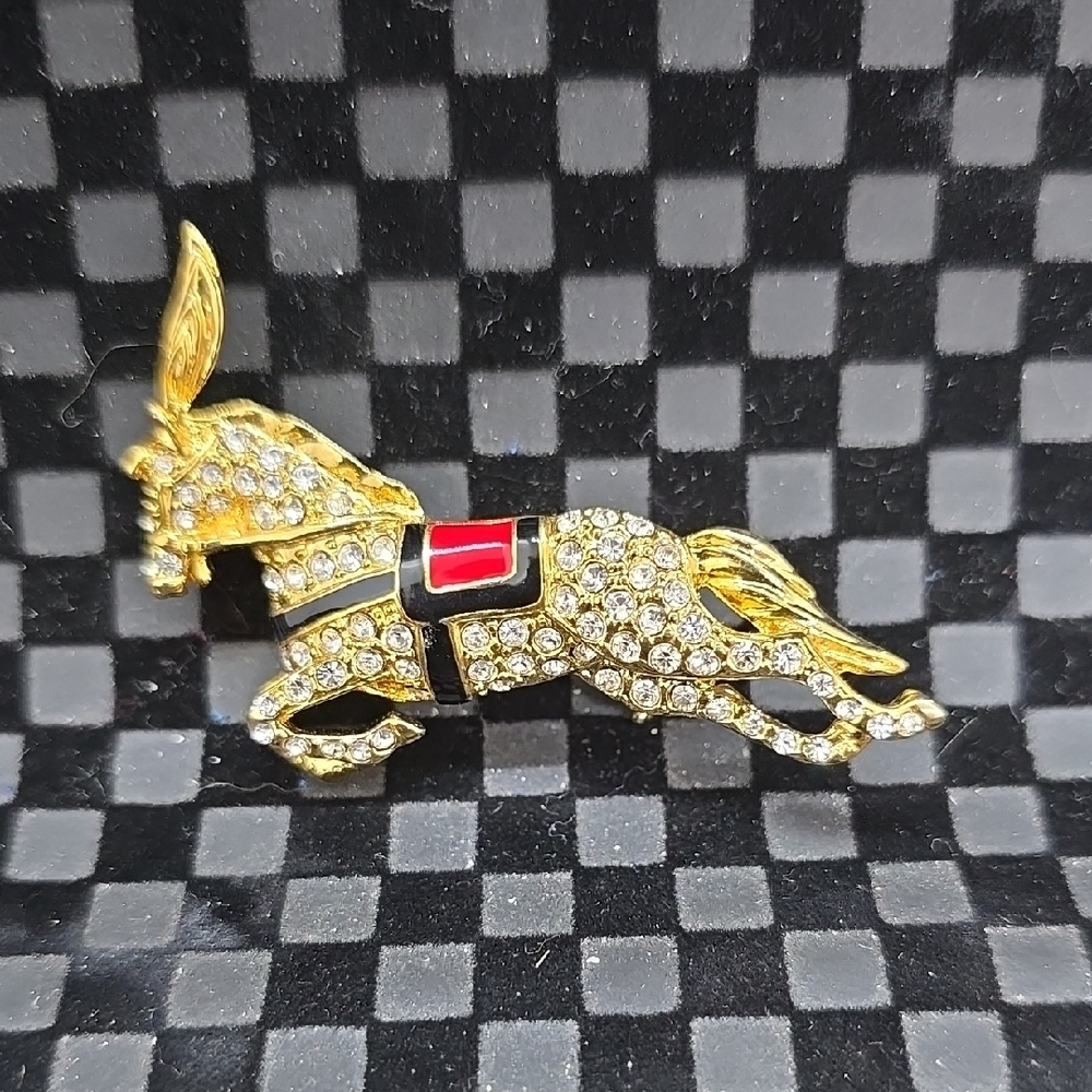 Gold Rhinestone Horse Brooch